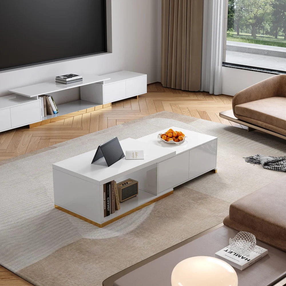 Mordelle 70.8" Modern Rectangle Glossy White Extendable Coffee Table with 2 Drawers